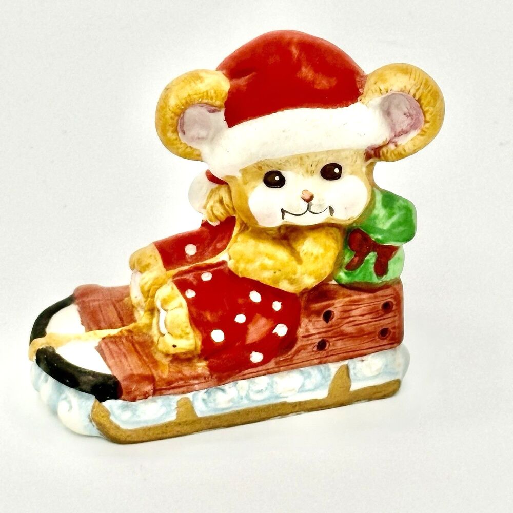 Russ Berrie Christmas Santa Mouse On Sled Porcelain 3”